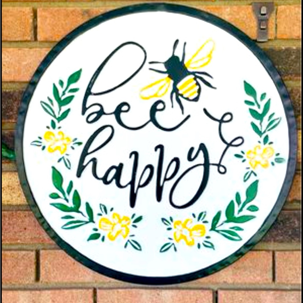 Bee Happy Distressed Round Enamel Sign